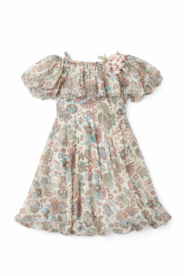 Girls' Floral Chiffon Ruffle Dress with Flower Corsage