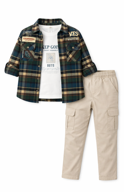 Boys' Navy & Green Plaid Shirt and Khaki Cargo Pant Set – 3-Piece Utility Outfit