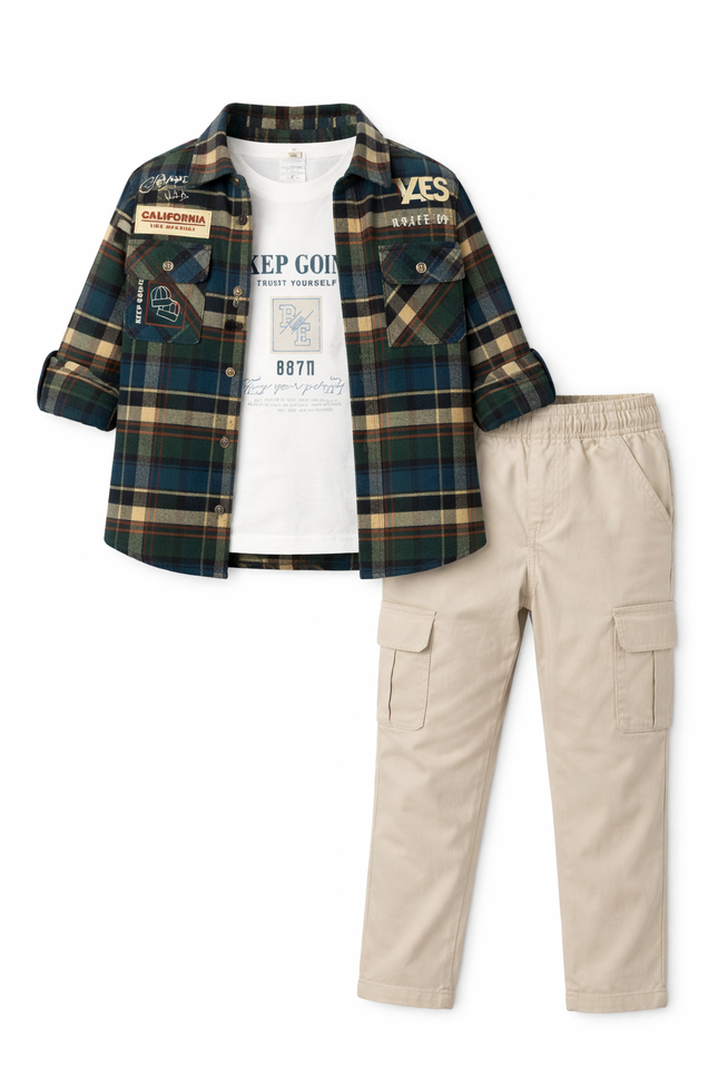 Boys' Navy & Green Plaid Shirt and Khaki Cargo Pant Set – 3-Piece Utility Outfit