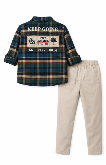 Boys' Navy & Green Plaid Shirt and Khaki Cargo Pant Set – 3-Piece Utility Outfit
