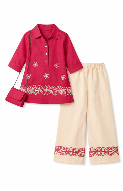 Girls Raspberry Pink Embroidered Kurta Palazzo Set with Bag – Festive Ethnic Wear