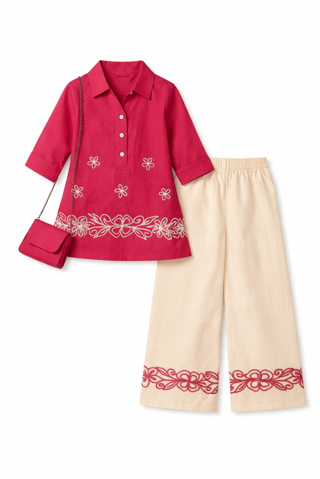 Girls Raspberry Pink Embroidered Kurta Palazzo Set with Bag – Festive Ethnic Wear
