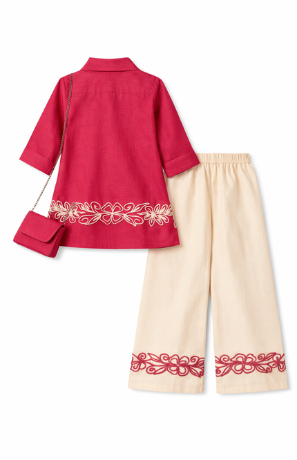 Girls Raspberry Pink Embroidered Kurta Palazzo Set with Bag – Festive Ethnic Wear