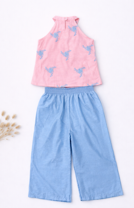 Girls' 2-Piece Summer Set - Pink Embroidered Halter Top & Blue Wide-Leg Culottes