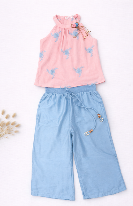 Girls' 2-Piece Summer Set - Pink Embroidered Halter Top & Blue Wide-Leg Culottes