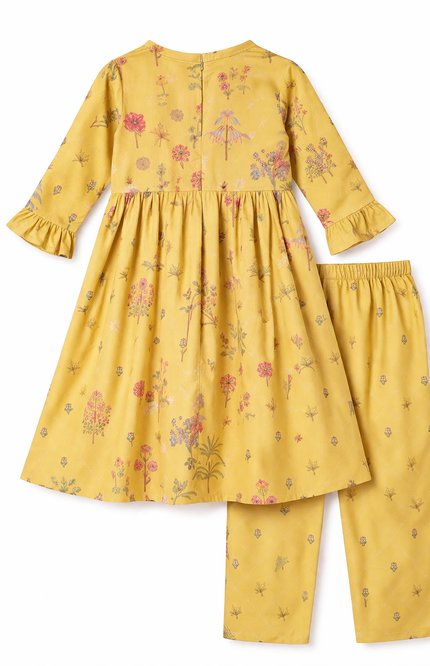 Kids' 2-Piece Festive Ethnic Set – Lime Green Tree Print Kurta and Straight-Leg Pants