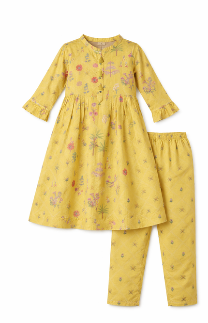 Kids' 2-Piece Festive Ethnic Set – Lime Green Tree Print Kurta and Straight-Leg Pants