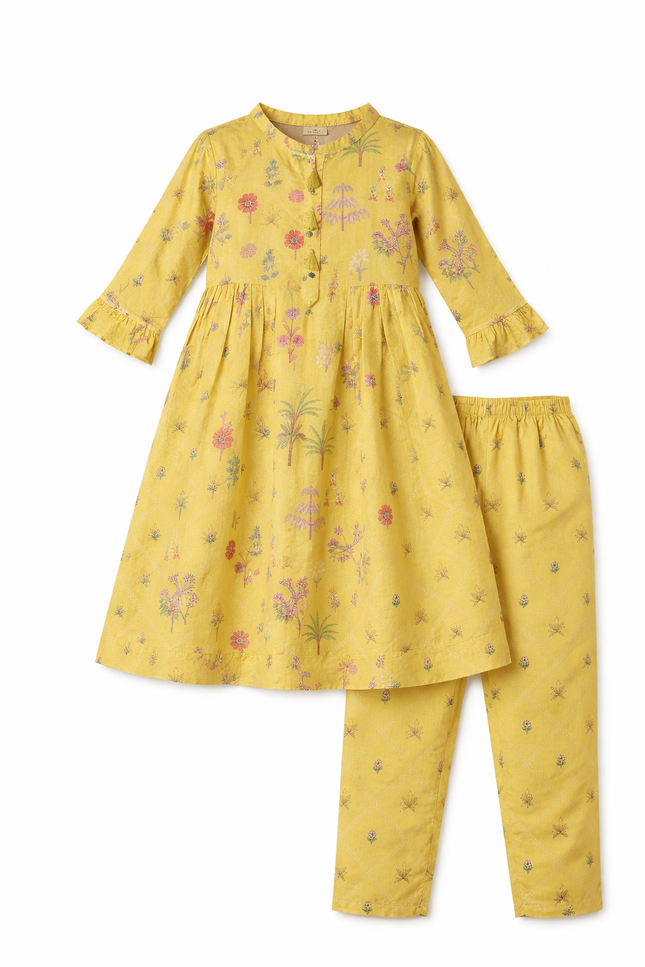 Kids' 2-Piece Festive Ethnic Set – Lime Green Tree Print Kurta and Straight-Leg Pants