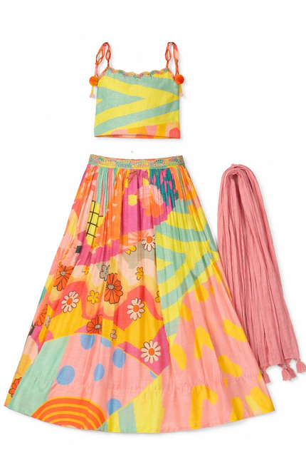 Kids' 3-Piece Psychedelic Pop Lehenga Set – Vibrant Abstract Print Skirt and Striped Choli
