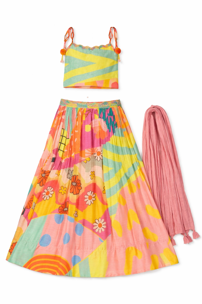 Kids' 3-Piece Psychedelic Pop Lehenga Set – Vibrant Abstract Print Skirt and Striped Choli