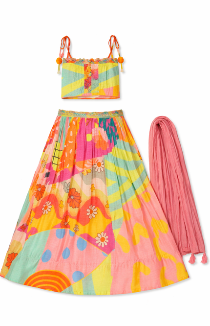 Kids' 3-Piece Psychedelic Pop Lehenga Set – Vibrant Abstract Print Skirt and Striped Choli