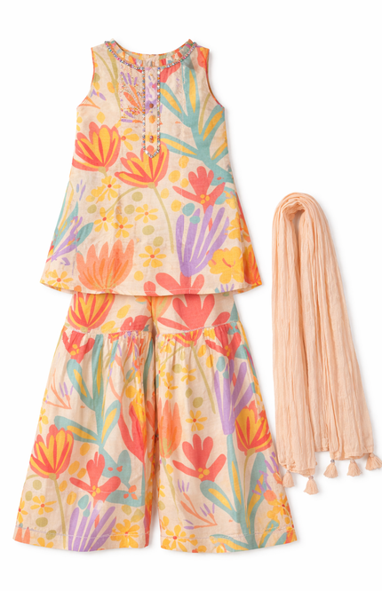 Girls' Multi-Color Abstract Floral Kurti and Sharara Set with Dupatta