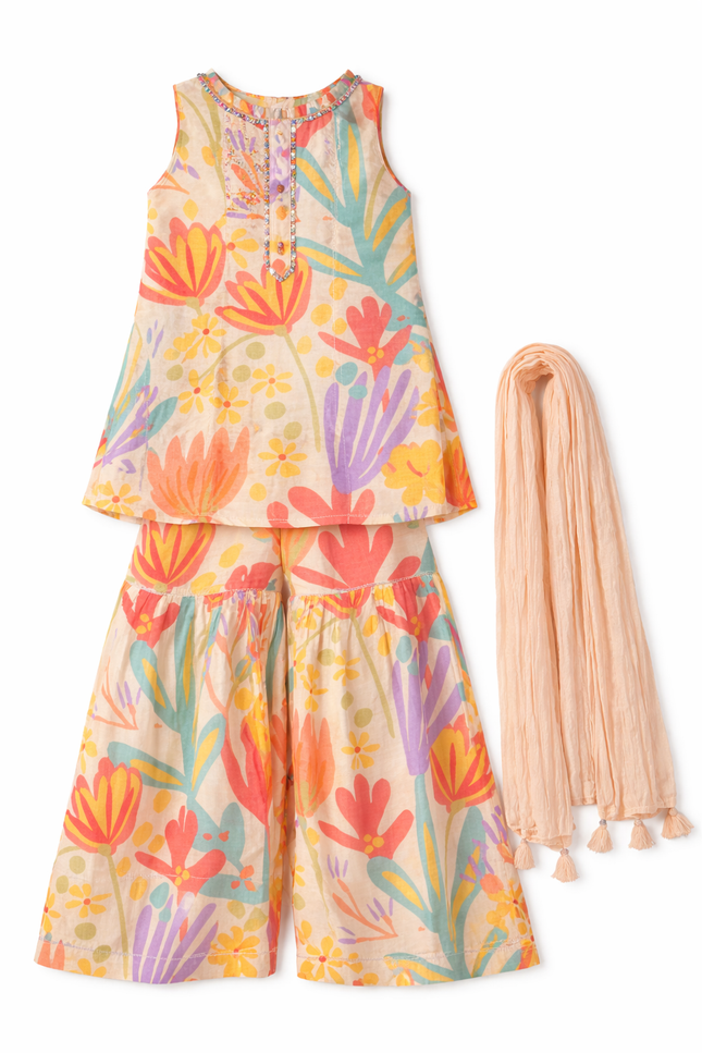 Girls' Multi-Color Abstract Floral Kurti and Sharara Set with Dupatta