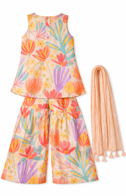 Girls' Multi-Color Abstract Floral Kurti and Sharara Set with Dupatta