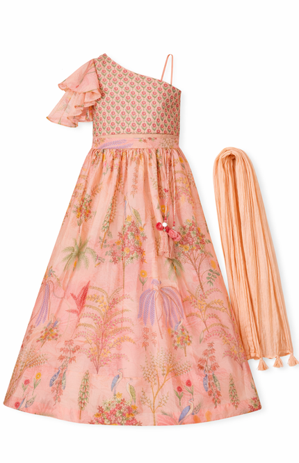 Girls' Peach Botanical Print Lehenga Choli with One-Shoulder Ruffle Top