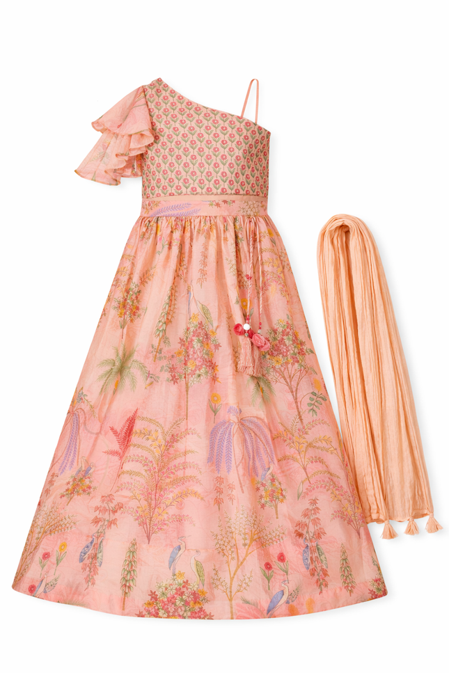 Girls' Peach Botanical Print Lehenga Choli with One-Shoulder Ruffle Top