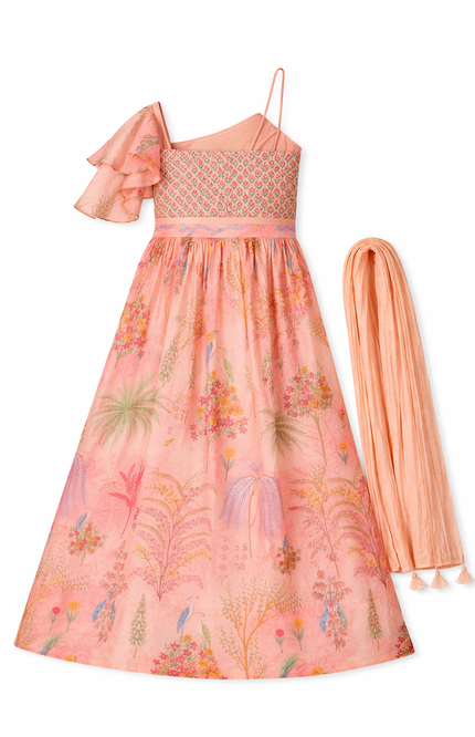 Girls' Peach Botanical Print Lehenga Choli with One-Shoulder Ruffle Top