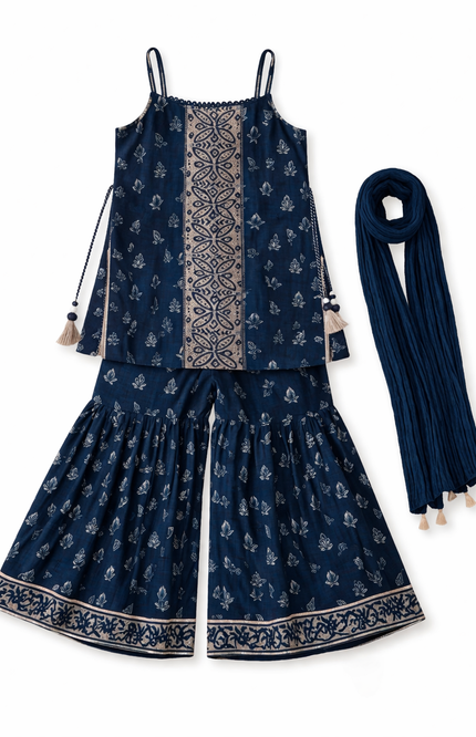 Kids' 3-Piece Navy Ethnic Suit – Sleeveless Geometric Print Kurti and Flared Sharara Pants