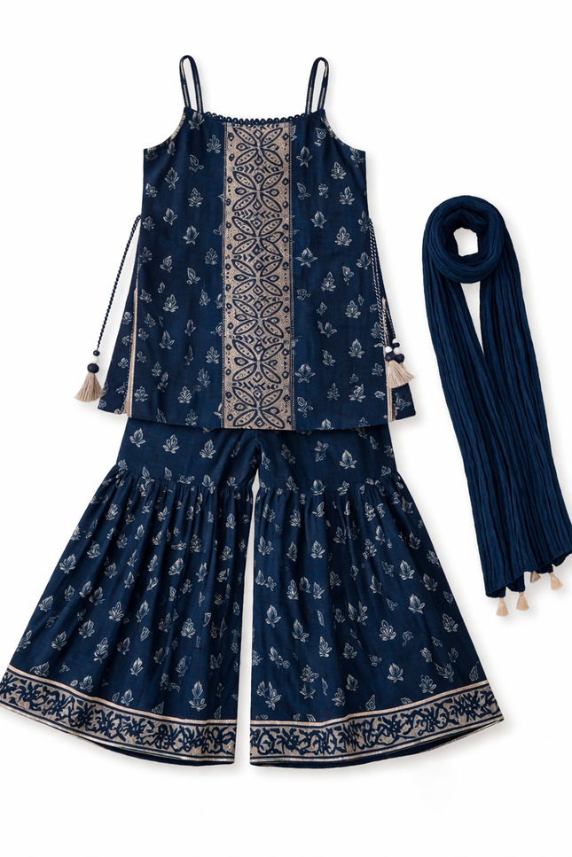 Kids' 3-Piece Navy Ethnic Suit – Sleeveless Geometric Print Kurti and Flared Sharara Pants