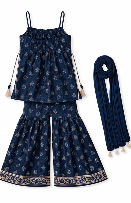 Kids' 3-Piece Navy Ethnic Suit – Sleeveless Geometric Print Kurti and Flared Sharara Pants