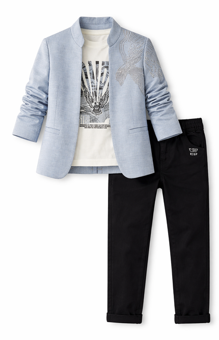 Boys' Ice Blue Mandarin Collar Blazer with Sequin Eagle and Black Chinos Set