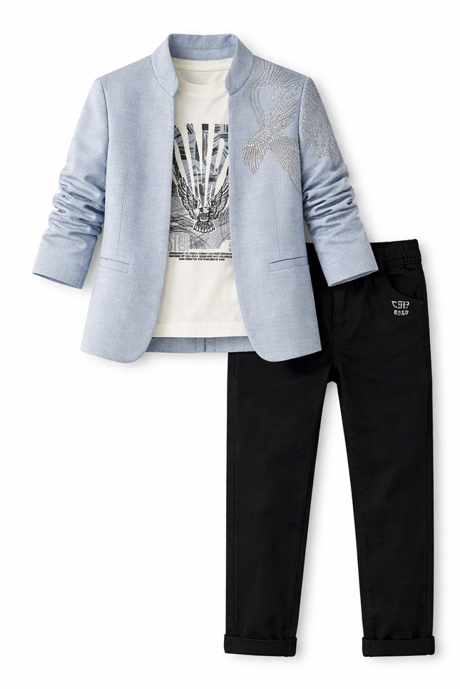 Boys' Ice Blue Mandarin Collar Blazer with Sequin Eagle and Black Chinos Set