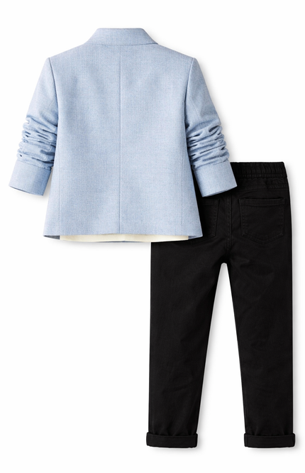 Boys' Ice Blue Mandarin Collar Blazer with Sequin Eagle and Black Chinos Set