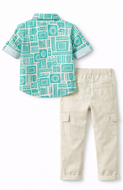 Boys' Teal and White Geometric Print Shirt with Khaki Linen Cargo Joggers