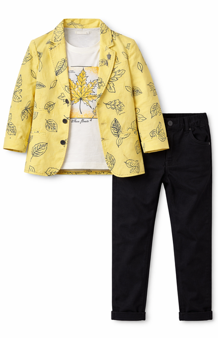 Boys' Sunshine Yellow Leaf Print Blazer and Navy Chino Trousers Set