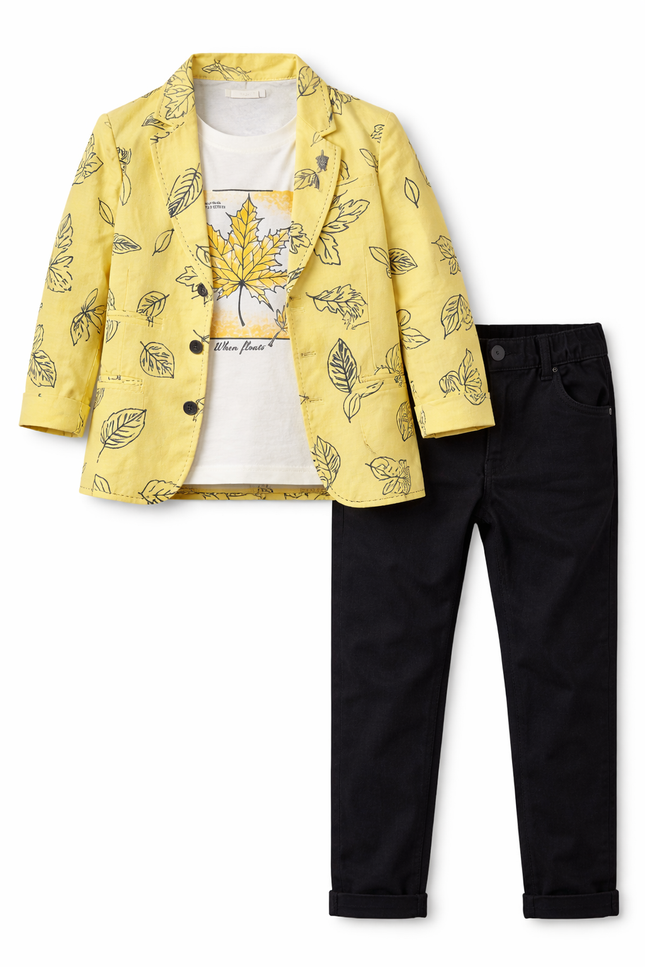 Boys' Sunshine Yellow Leaf Print Blazer and Navy Chino Trousers Set