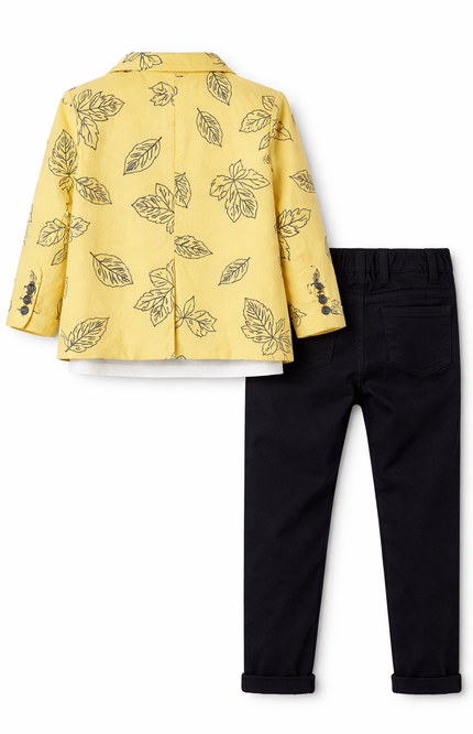 Boys' Sunshine Yellow Leaf Print Blazer and Navy Chino Trousers Set