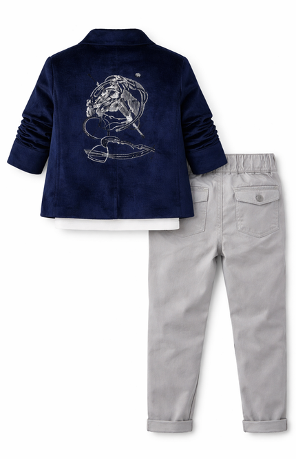Boys' Navy Blue Velvet Mandarin Blazer with Embroidered Horse and Grey Chinos