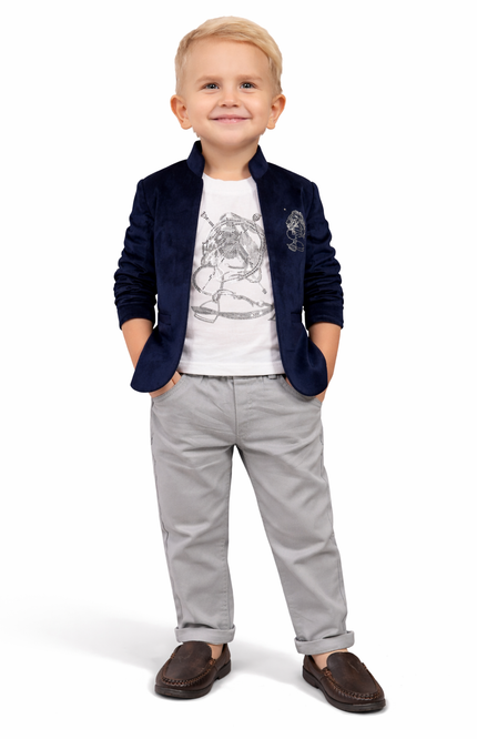 Boys' Navy Blue Velvet Mandarin Blazer with Embroidered Horse and Grey Chinos