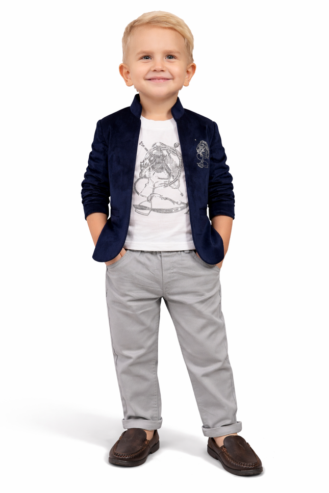 Boys' Navy Blue Velvet Mandarin Blazer with Embroidered Horse and Grey Chinos