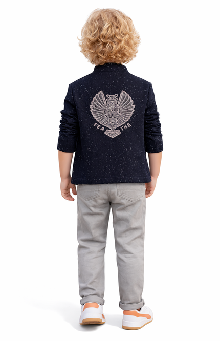 Kids' 3-Piece Fashion Set – Galaxy Print Blazer, Eagle Graphic Tee, and Slim-Fit Grey Trousers