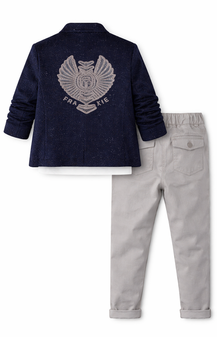 Kids' 3-Piece Fashion Set – Galaxy Print Blazer, Eagle Graphic Tee, and Slim-Fit Grey Trousers