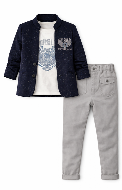 Kids' 3-Piece Fashion Set – Galaxy Print Blazer, Eagle Graphic Tee, and Slim-Fit Grey Trousers