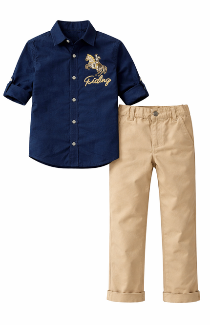 Kids' 2-Piece Western Adventure Set – Embroidered Horse Motif Shirt and Khaki Trousers