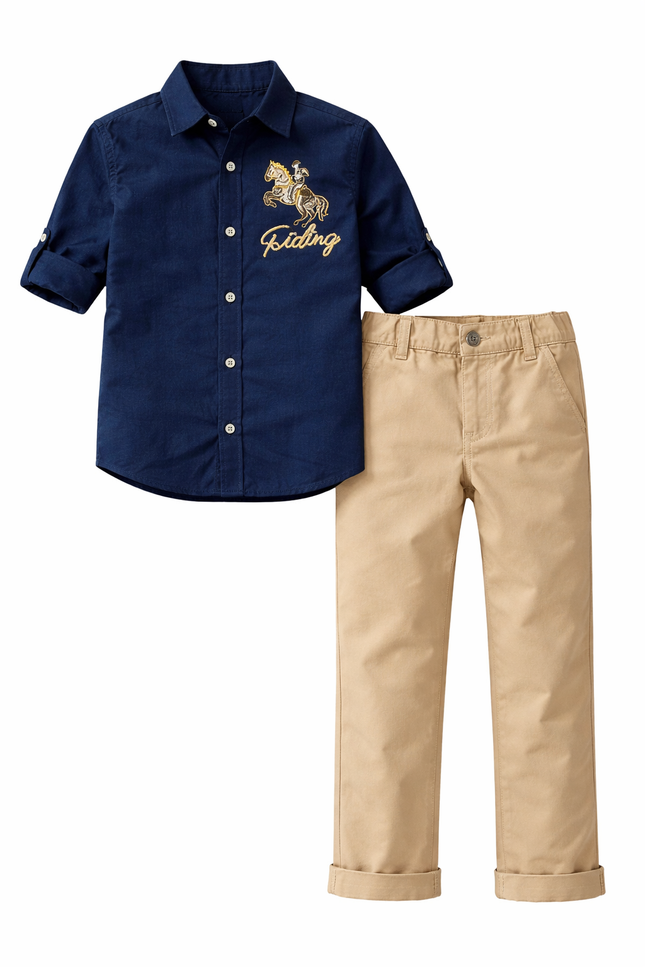 Kids' 2-Piece Western Adventure Set – Embroidered Horse Motif Shirt and Khaki Trousers