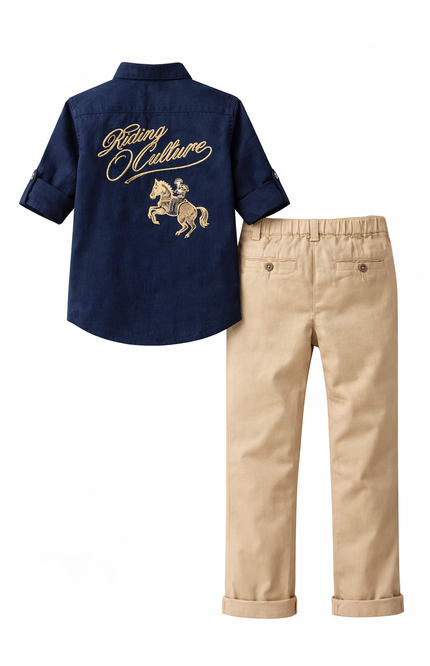 Kids' 2-Piece Western Adventure Set – Embroidered Horse Motif Shirt and Khaki Trousers