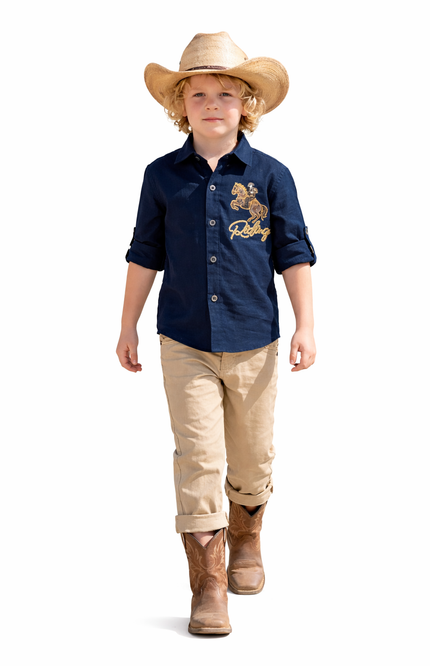 Kids' 2-Piece Western Adventure Set – Embroidered Horse Motif Shirt and Khaki Trousers