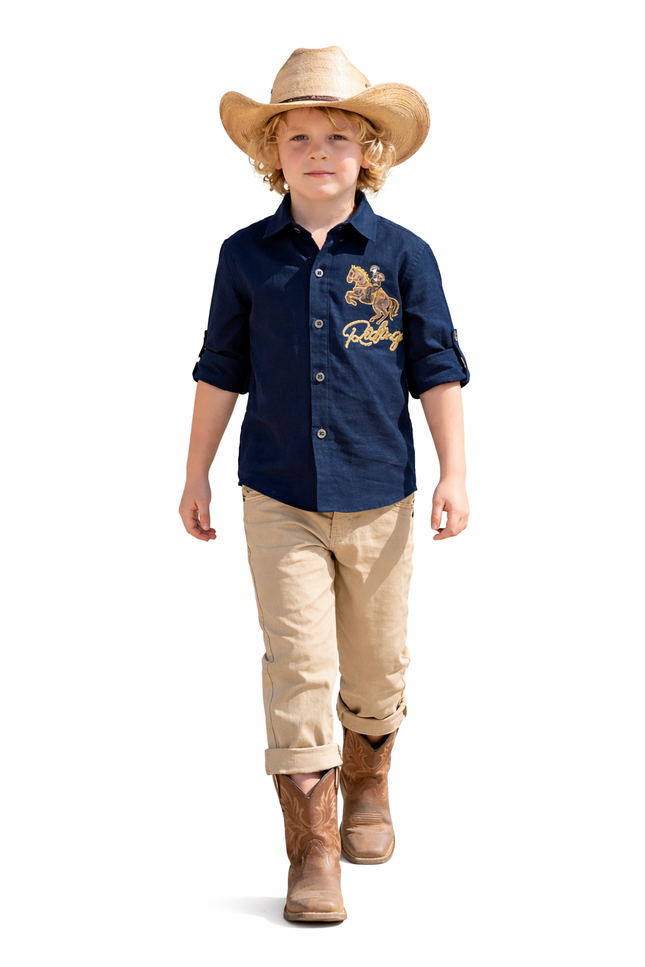 Kids' 2-Piece Western Adventure Set – Embroidered Horse Motif Shirt and Khaki Trousers