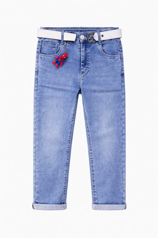 Boys' Light Blue Mid-Wash Jeans with White Belt and Spider-Man Keychain