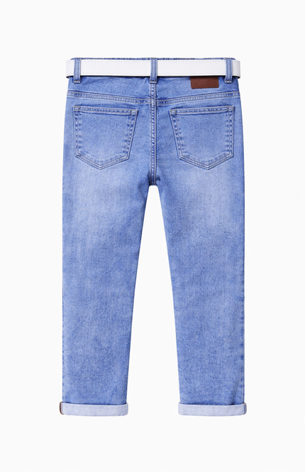 Boys' Light Blue Mid-Wash Jeans with White Belt and Spider-Man Keychain