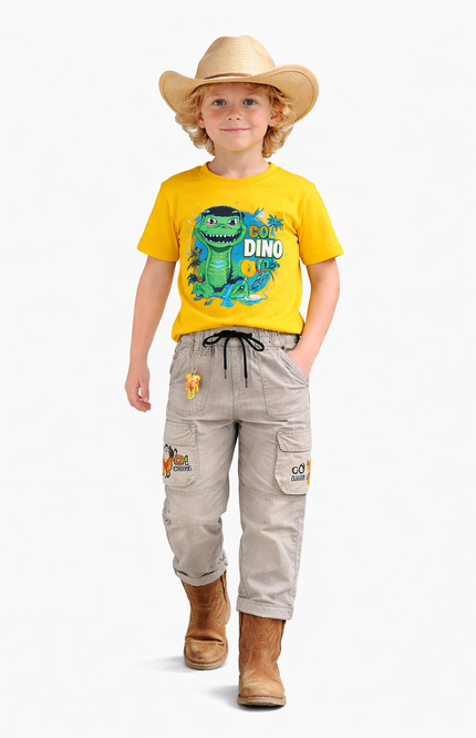 Kids' Cream Utility Trousers – Multi-Pocket Cargo Joggers with Fun NASA Patches