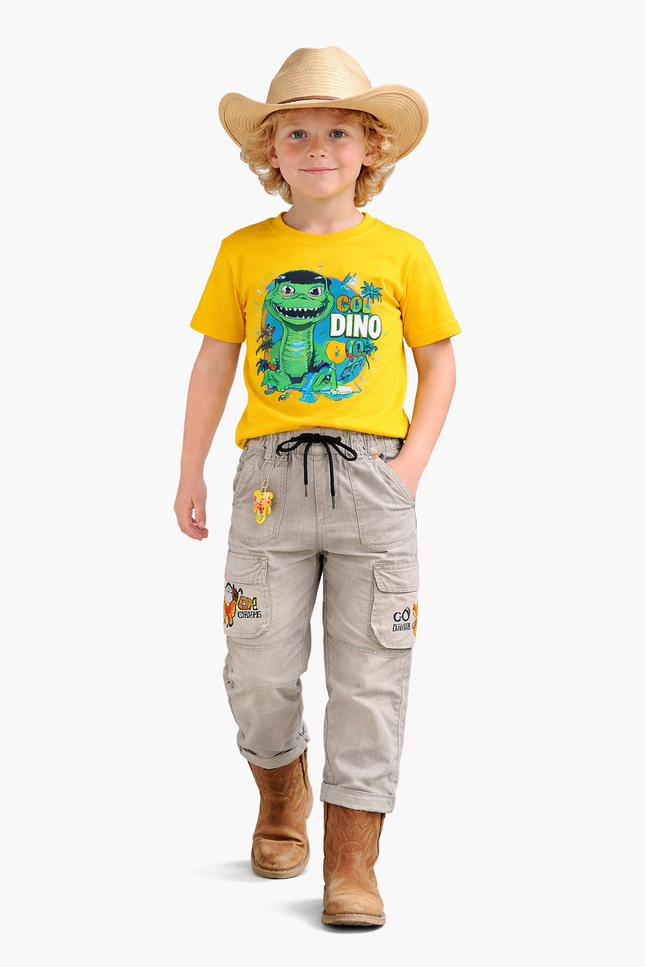 Kids' Cream Utility Trousers – Multi-Pocket Cargo Joggers with Fun NASA Patches
