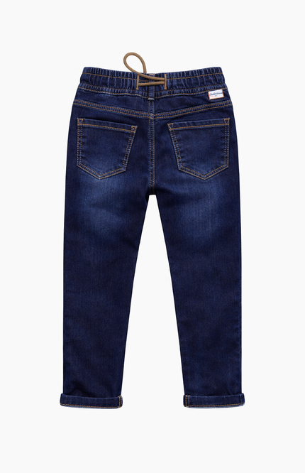 Kids' Deep Blue Comfort-Fit Denim – Graphic Print Trousers with Brown Drawstring