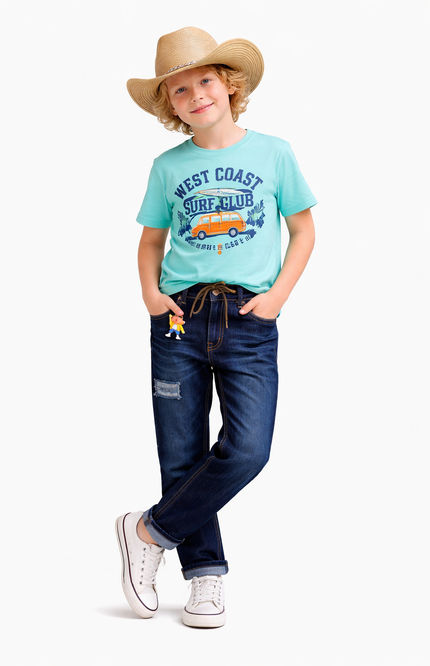 Kids' Deep Blue Comfort-Fit Denim – Graphic Print Trousers with Brown Drawstring