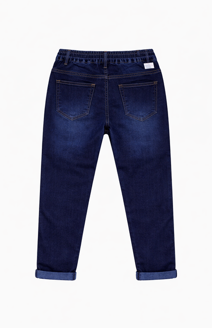 Kids' Deep Blue Drawstring Denim – Streetwear Style Graphic Trousers with Superhero Keychain