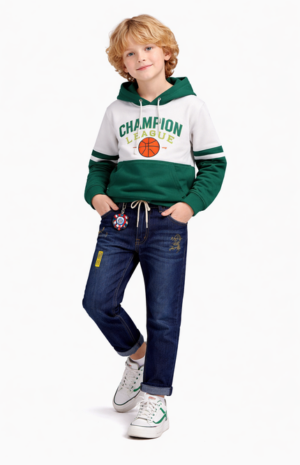 Kids' Deep Blue Drawstring Denim – Streetwear Style Graphic Trousers with Superhero Keychain
